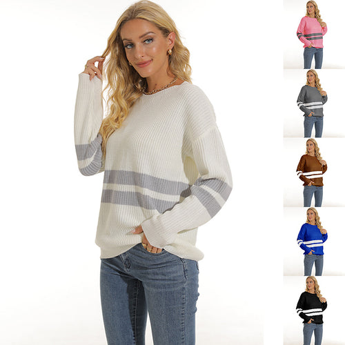 Chunky knit pullover for women with sporty striped pattern and relaxed fit Amarae