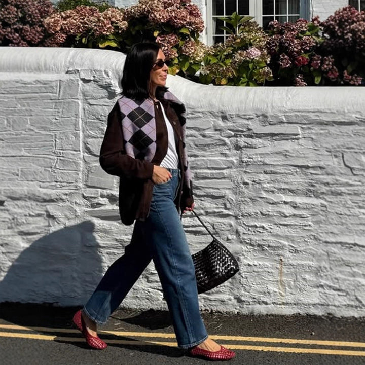 Ladies Argyle Cardigan with Boxy Silhouette and Large Button Placket Amarae