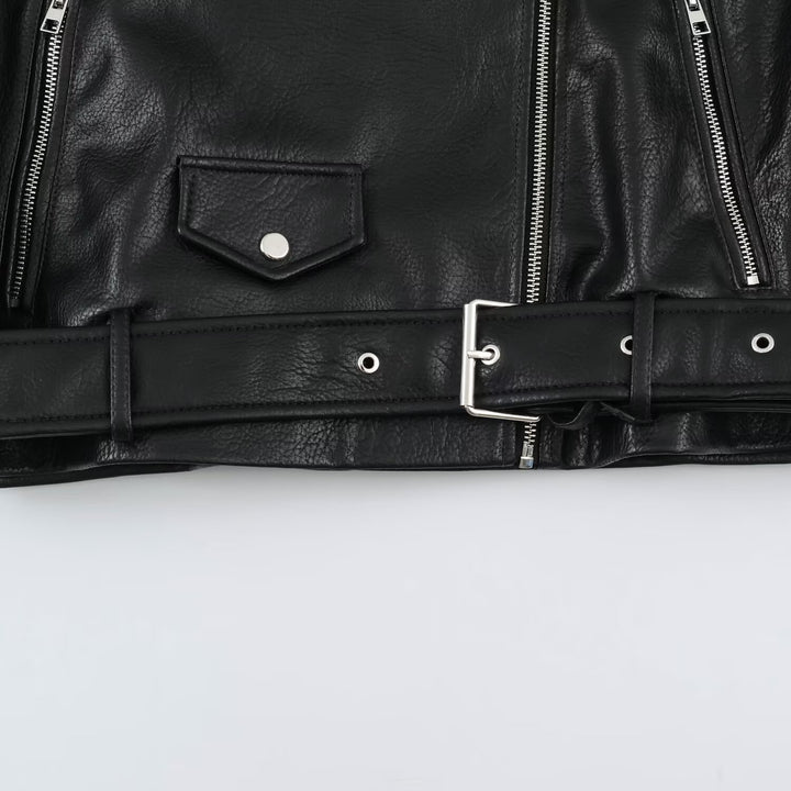 Men's biker leather jacket with high stand-up collar, shoulder flaps and waist belt Amarae