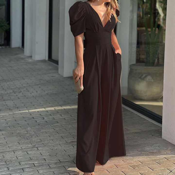 Elegant maxi dress for women with puff sleeves and a deep V-neck Lune London