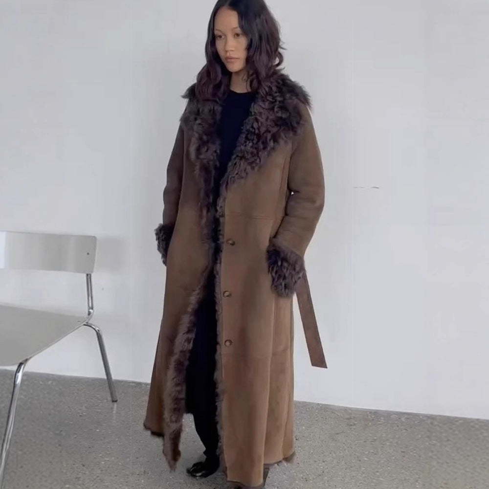 Women's Maxi-Length Faux Velvet Coat in Shearling Style with Shawl Collar and Button Placket Amarae
