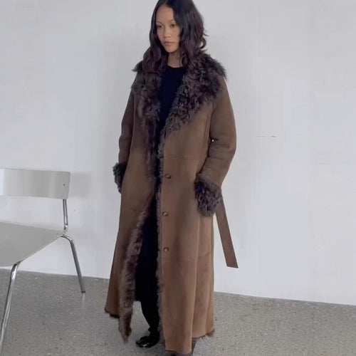Women's Maxi-Length Faux Velvet Coat in Shearling Style with Shawl Collar and Button Placket Amarae