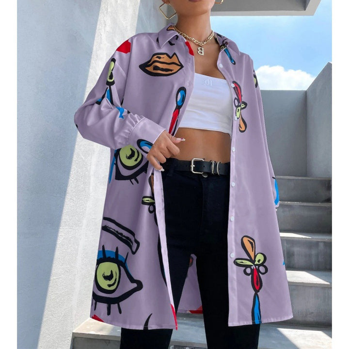 Women's Oversized Long Blouse with Pop Art Print, Shirt Collar and Continuous Button Placket Amarae