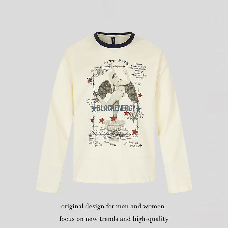 Women's long-sleeve shirt with vintage illustration, contrast collar and relaxed fit Amarae