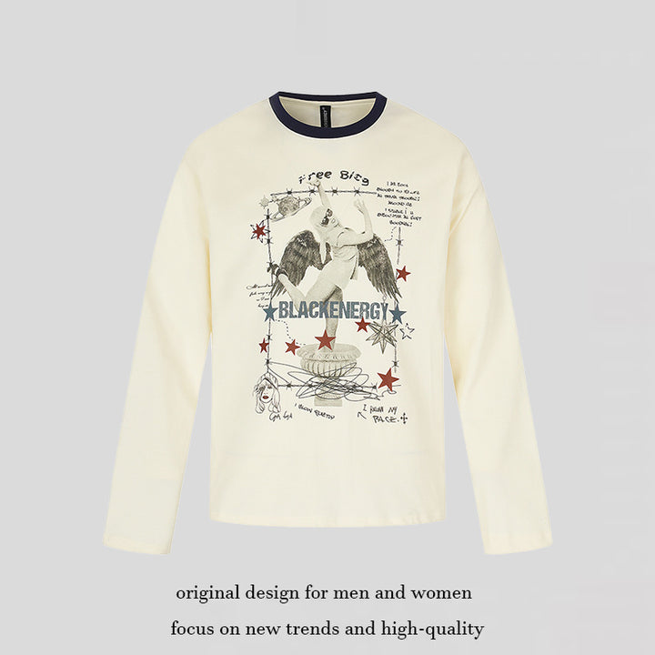 Women's long-sleeve shirt with vintage illustration, contrast collar and relaxed fit Amarae