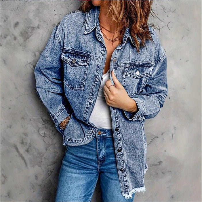 Women's Oversized Denim Jacket with Flap Pockets, Used Look and Raw Hem Amarae