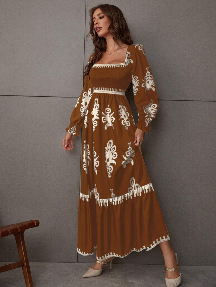 Women Elegant Maxi Dress with Puff Sleeve Cut and Floral Details Lune London