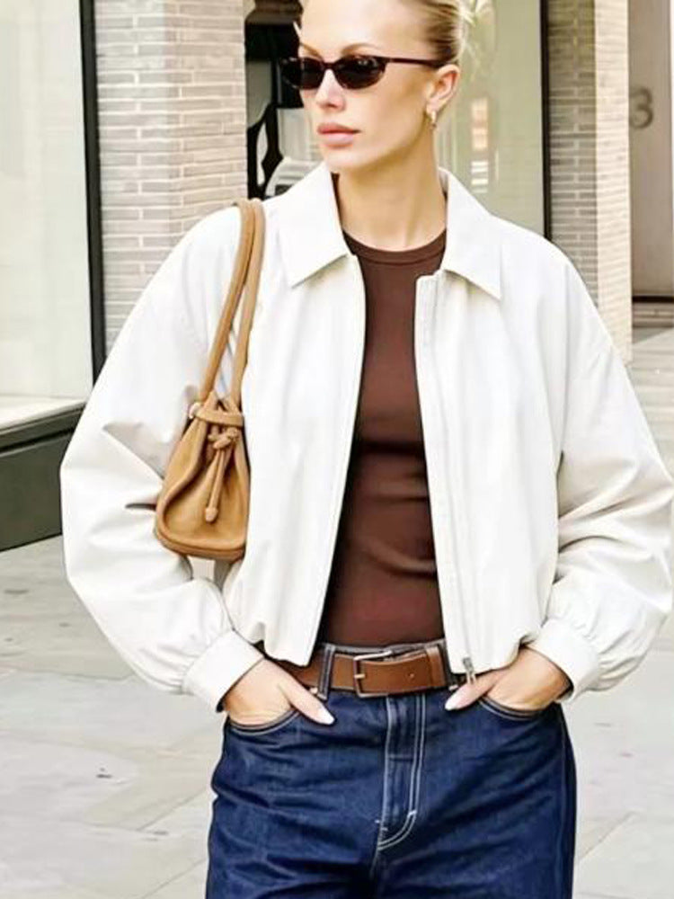 Women's Short Boxy Shirt Jacket with Zipper and Elastic Hem Amarae