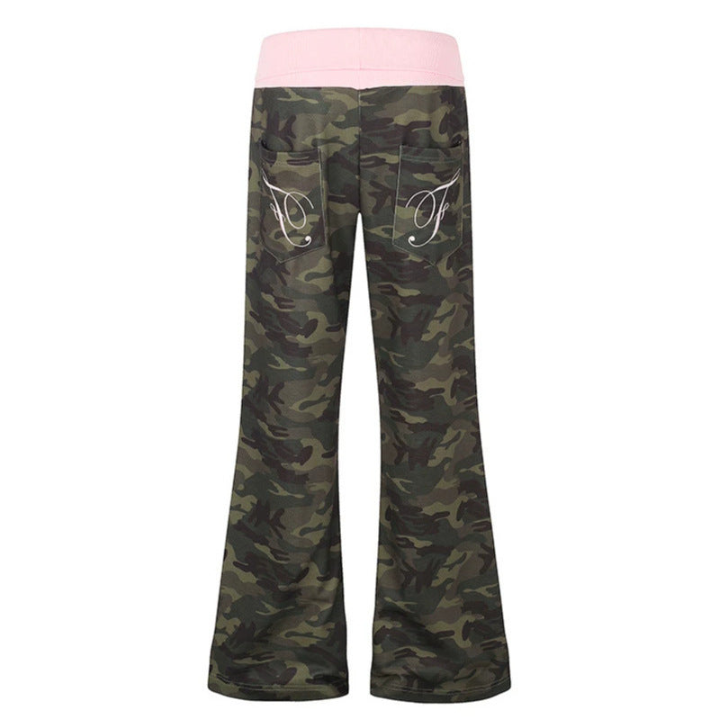 Women's Palazzo lounge pants with high rolled waistband, drawstring, and camouflage pattern Amarae