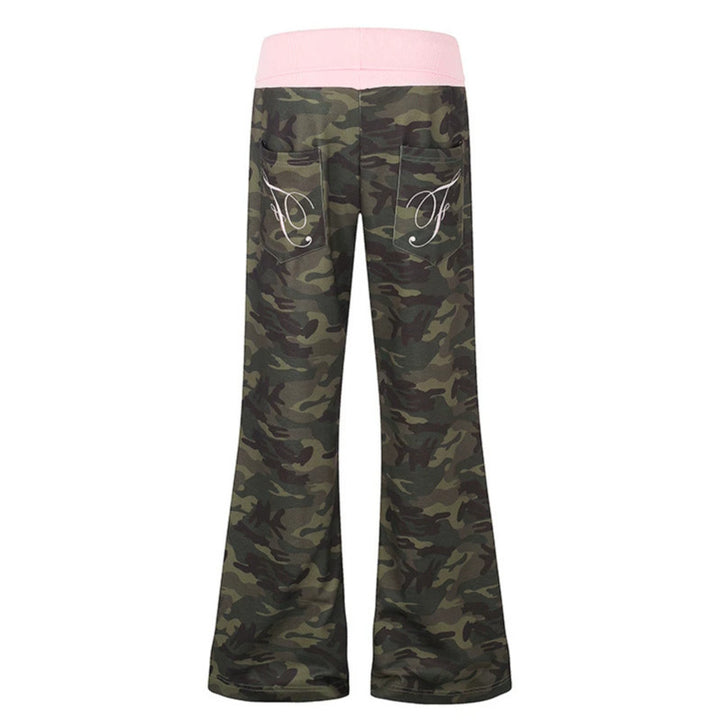 Women's Palazzo lounge pants with high rolled waistband, drawstring, and camouflage pattern Amarae