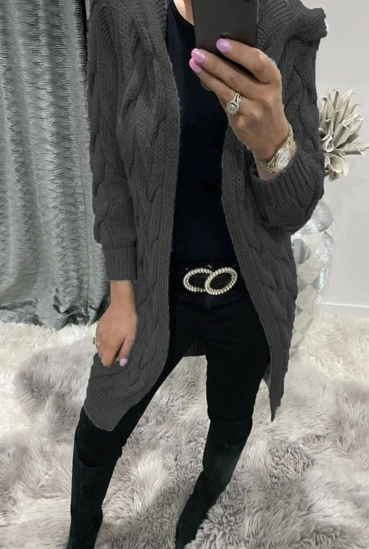Ladies Chunky Knit Cardigan with Hood and Chic 3D Pattern