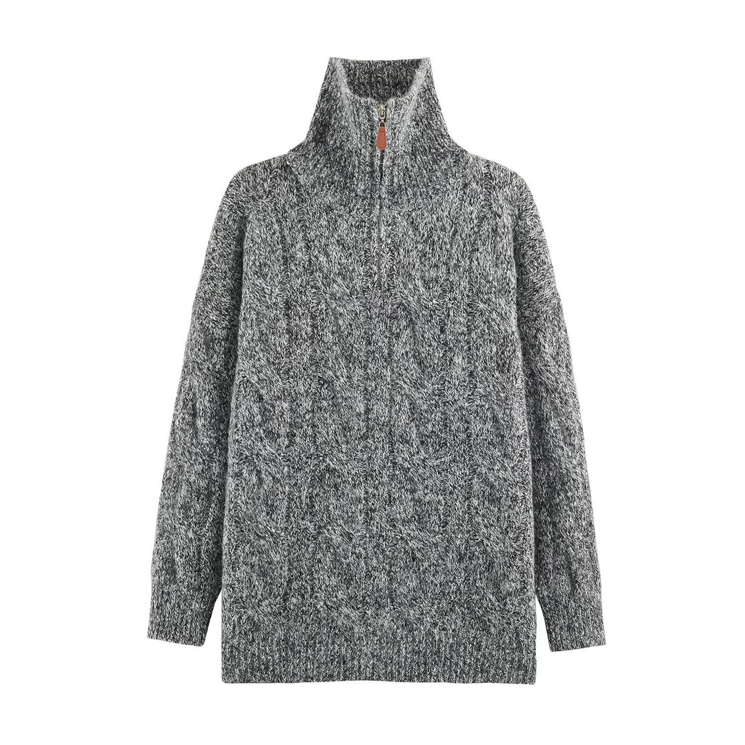 Women's Chunky Knit Long Sweater with Cable Pattern and Half-High Zip Collar Amarae