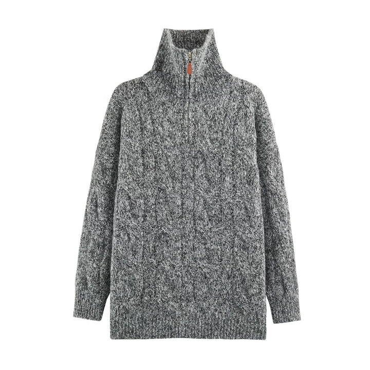 Women's Chunky Knit Long Sweater with Cable Pattern and Half-High Zip Collar Amarae