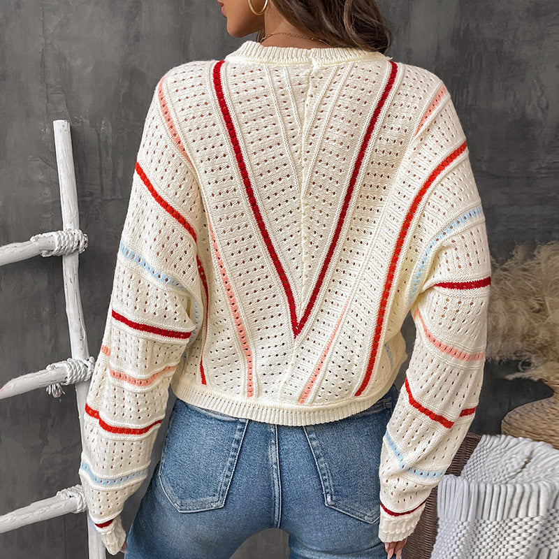 Casual knitted sweater for women with a trendy hole pattern and colorful stripes Lune London