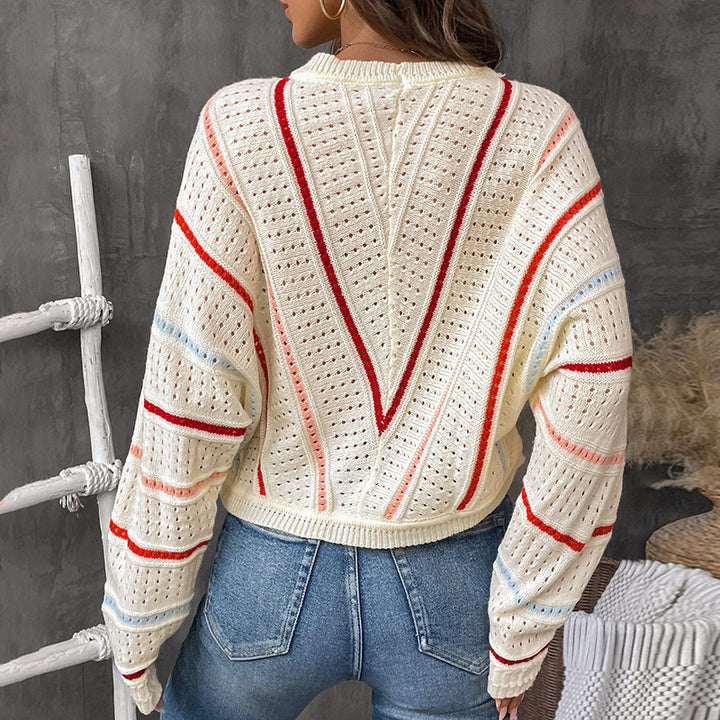 Casual knitted sweater for women with a trendy hole pattern and colorful stripes Lune London
