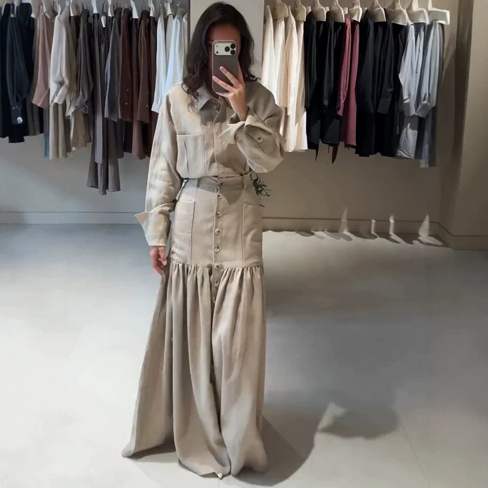 Women Two-Piece Oversized Shirt and Maxi Skirt Set with High Waist & Continuous Button Placket Amarae