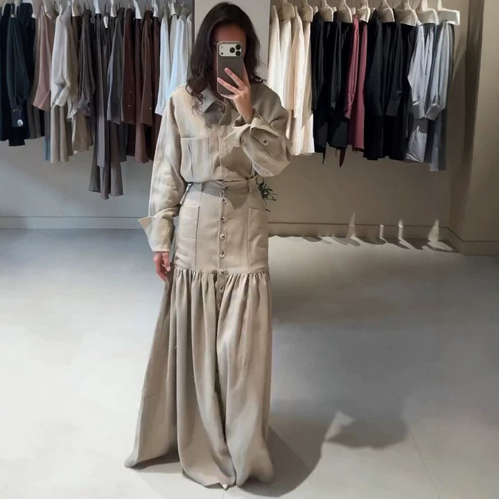 Women Two-Piece Oversized Shirt and Maxi Skirt Set with High Waist & Continuous Button Placket Amarae