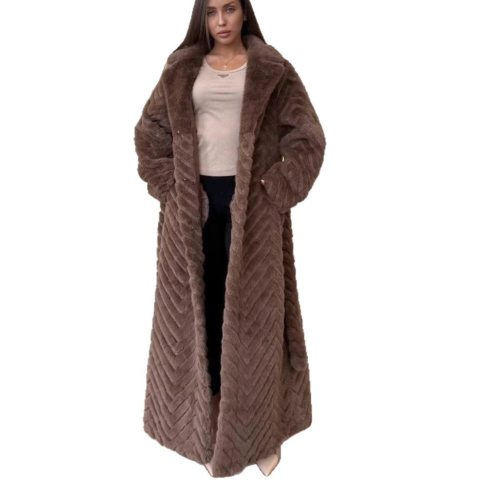 Women's Maxi Faux Fur Coat with Hood and Chevron Quilting Amarae