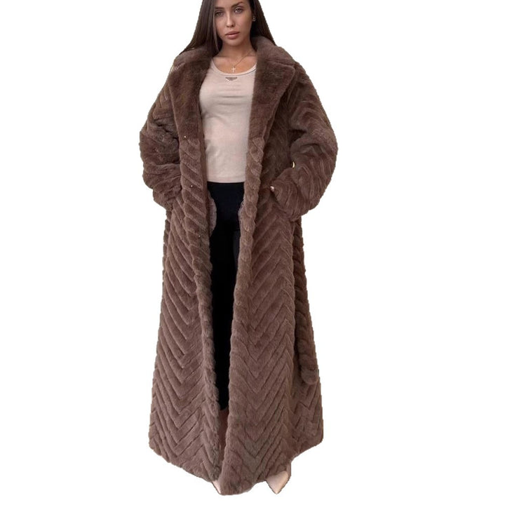 Women's Maxi Faux Fur Coat with Hood and Chevron Quilting Amarae