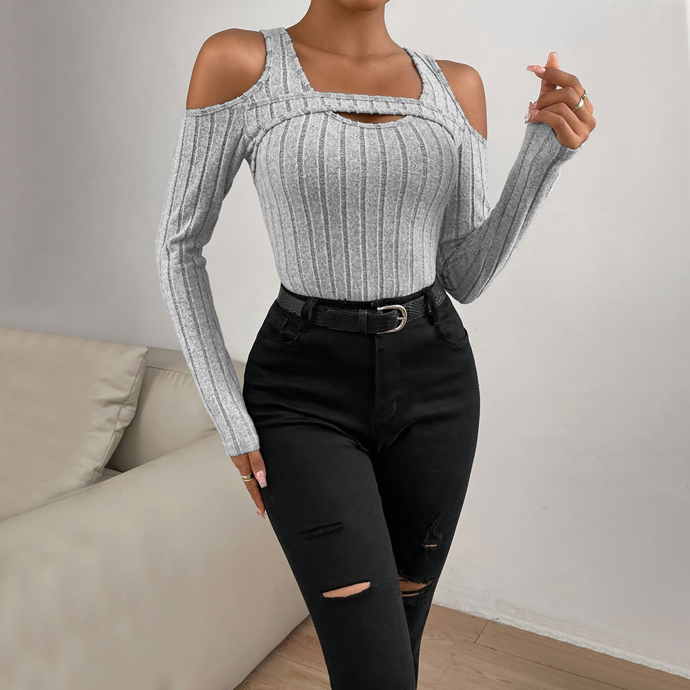 T-shirt à manches longues pour femmes avec col en V texturé et détails découpés Chic & Stil