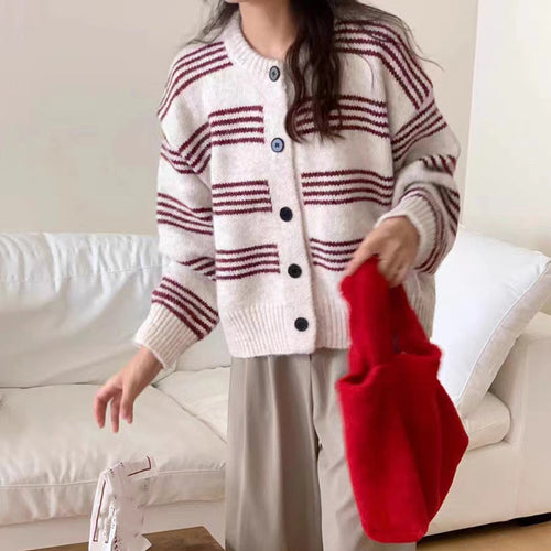 Fashionable knit jacket for women with a fine striped texture and decorative buttons Amarae