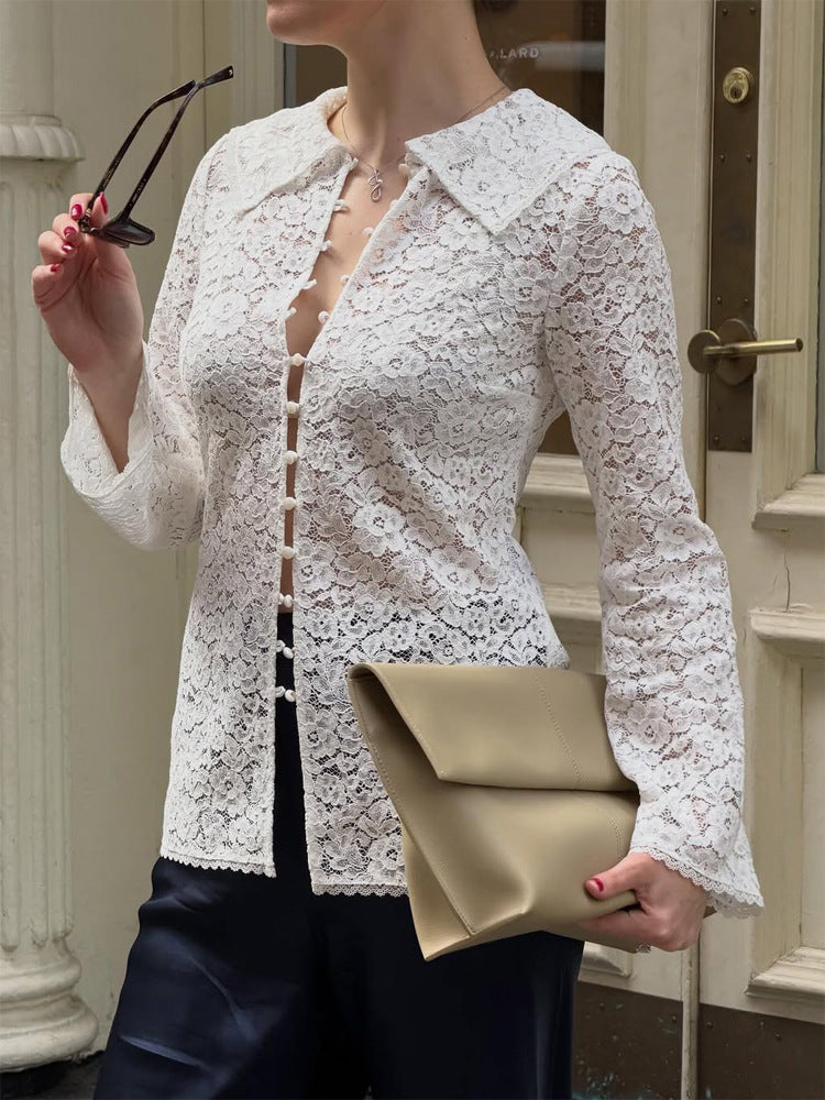 Women's lace blouse with floral lace, shirt collar and fabric ball button placket Amarae