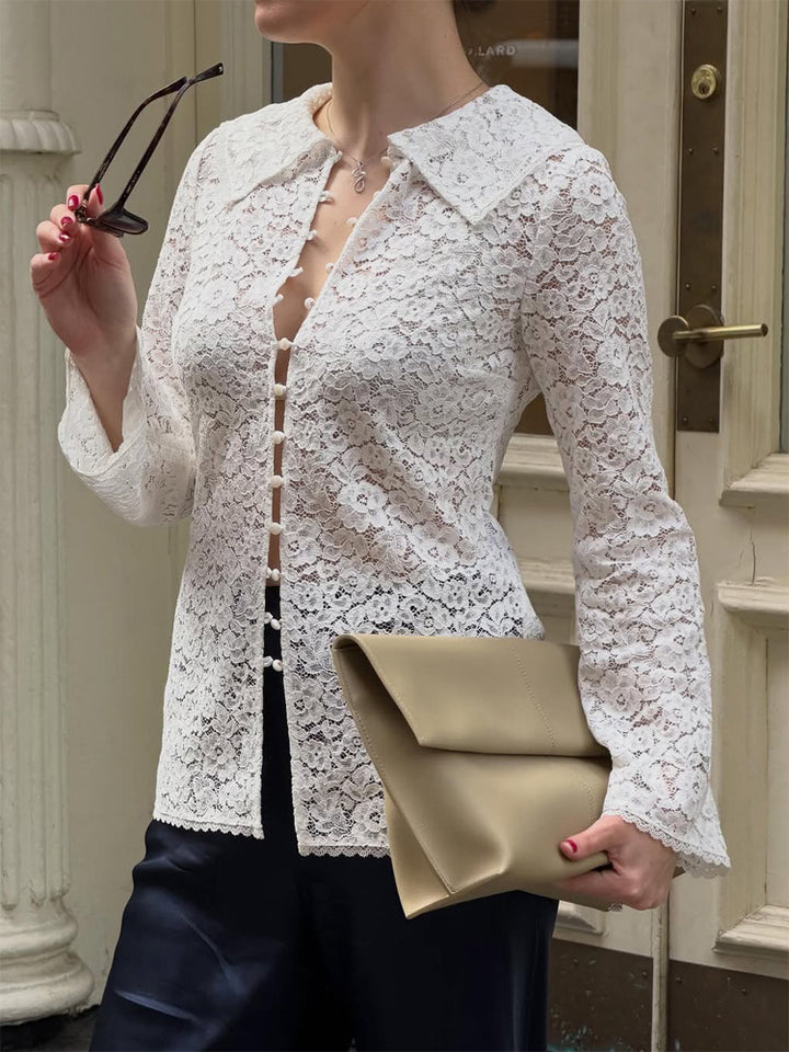 Women's lace blouse with floral lace, shirt collar and fabric ball button placket Amarae