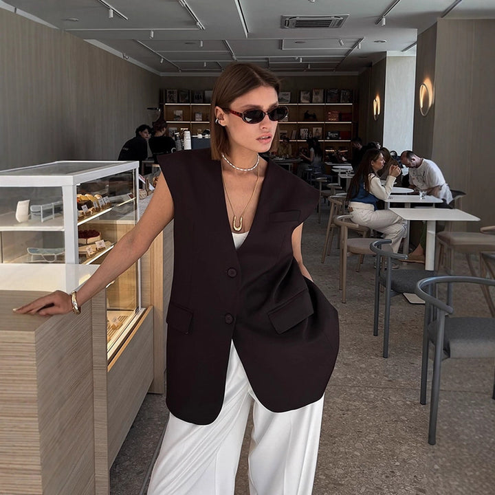 Women Sleeveless Long Blazer Vest with Structured Shoulders and Long Ties Amarae