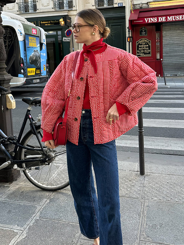 Women Padded Checked Boxy Padded Jacket with Button Closure Amarae