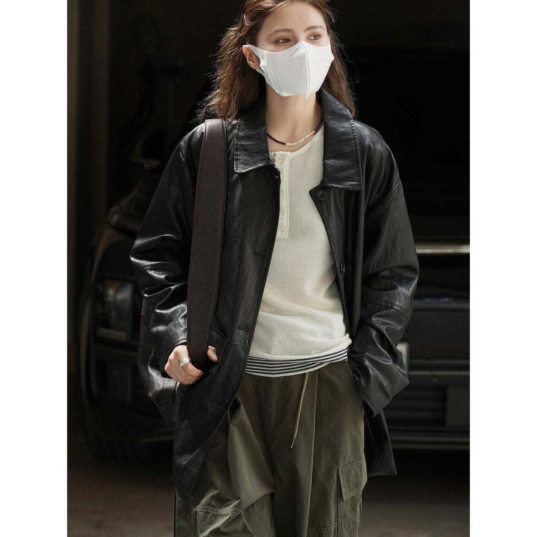 Women's Long Cut Oversized Leather Jacket with Shirt Collar and Patch Pockets Amarae