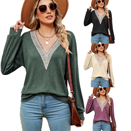 Women's V-neck sweater with lace accents and relaxed fit Amarae