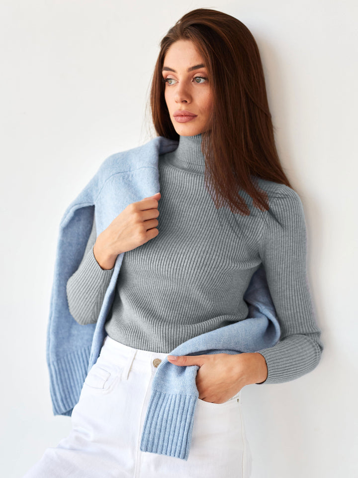 Pull long femme avec col haut et texture en fine côtes Chic & Stil