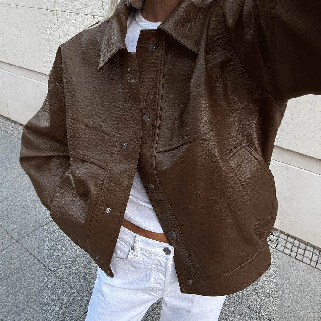 Casual women's synthetic leather jacket in modern oversized style Lune London