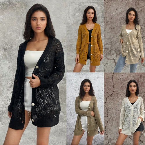 Knitted cardigan for women with airy patterns and button details Amarae