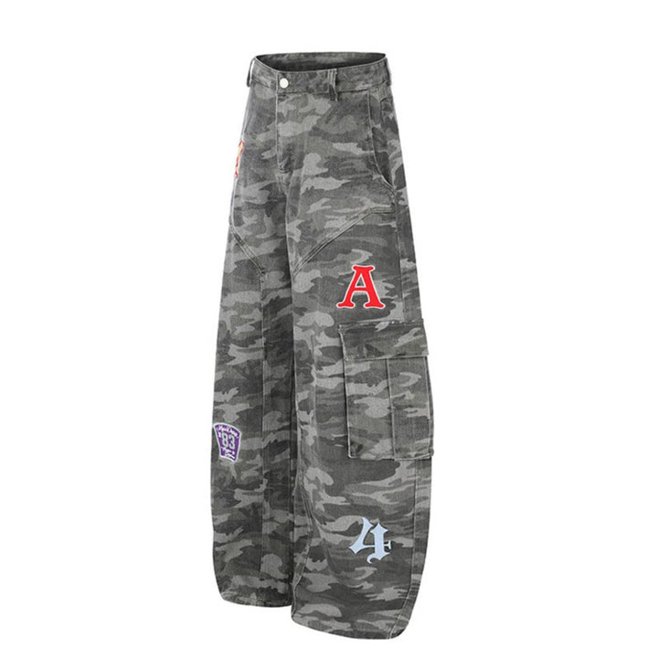 Women's Wide Cargo Pants in Camouflage Look with Applications and Multi-Pockets Amarae