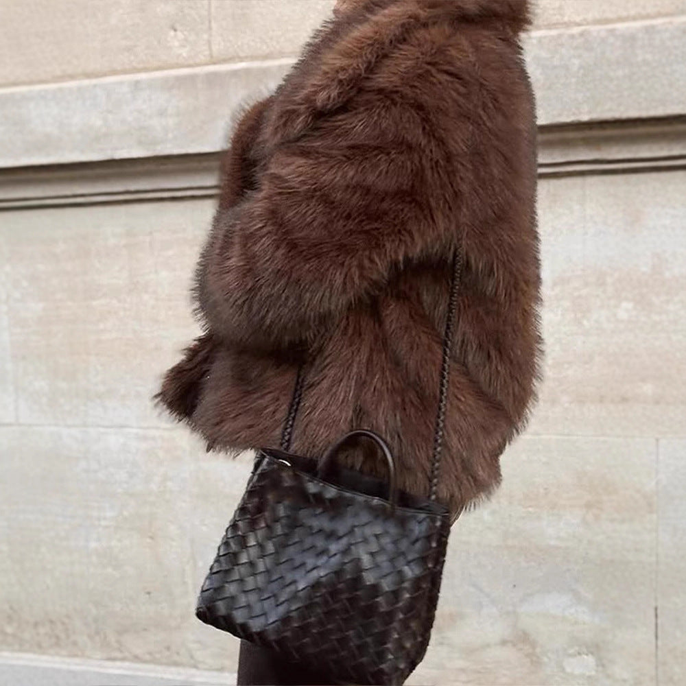 Women Short Voluminous Faux Fur Jacket in Boxy Cut with Large Shawl Collar Amarae