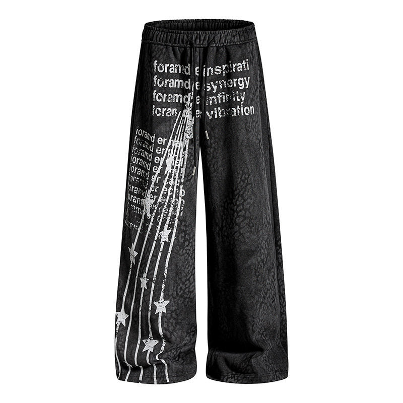 Women's Wide Palazzo Jogging Pants with Drawstring Waist, Statement Print and Vintage Wash Amarae