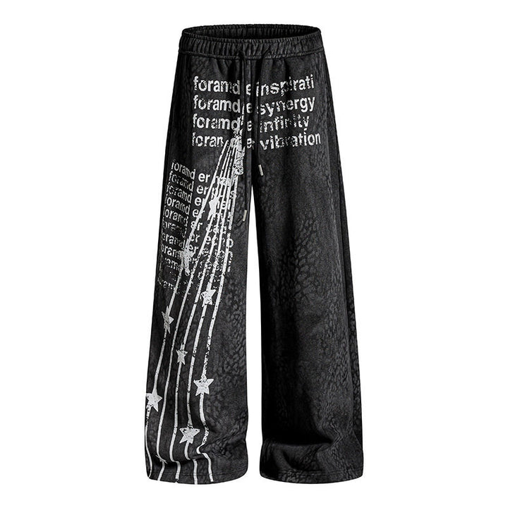 Women's Wide Palazzo Jogging Pants with Drawstring Waist, Statement Print and Vintage Wash Amarae