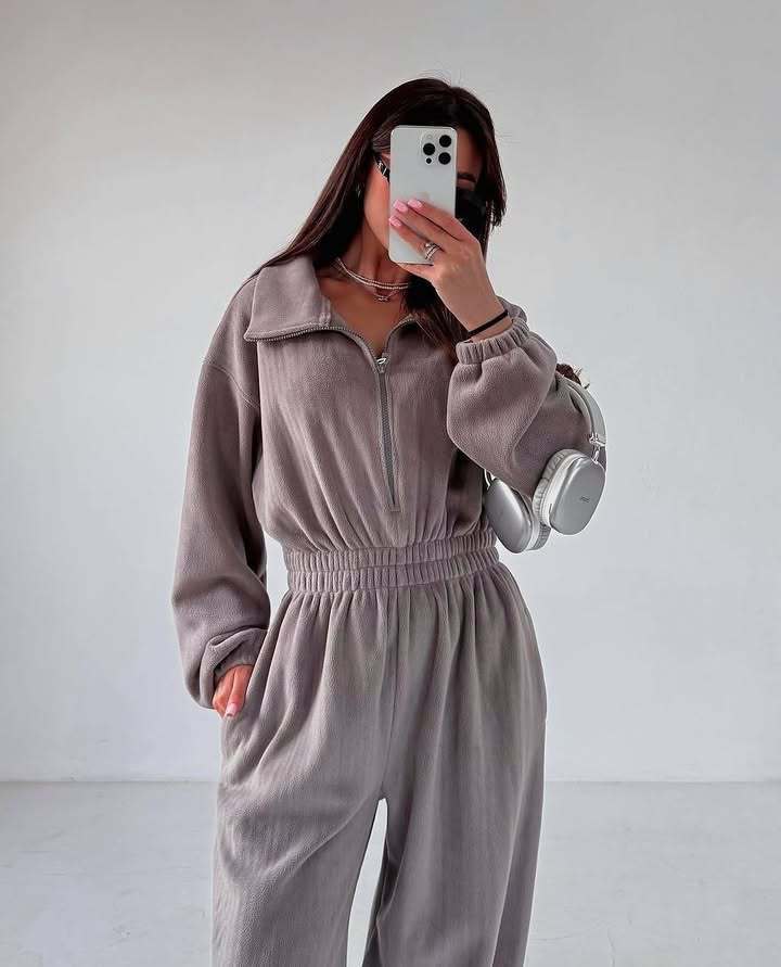 Ladies fashionable fleece jumpsuit with high collar and elastic waist Lune London