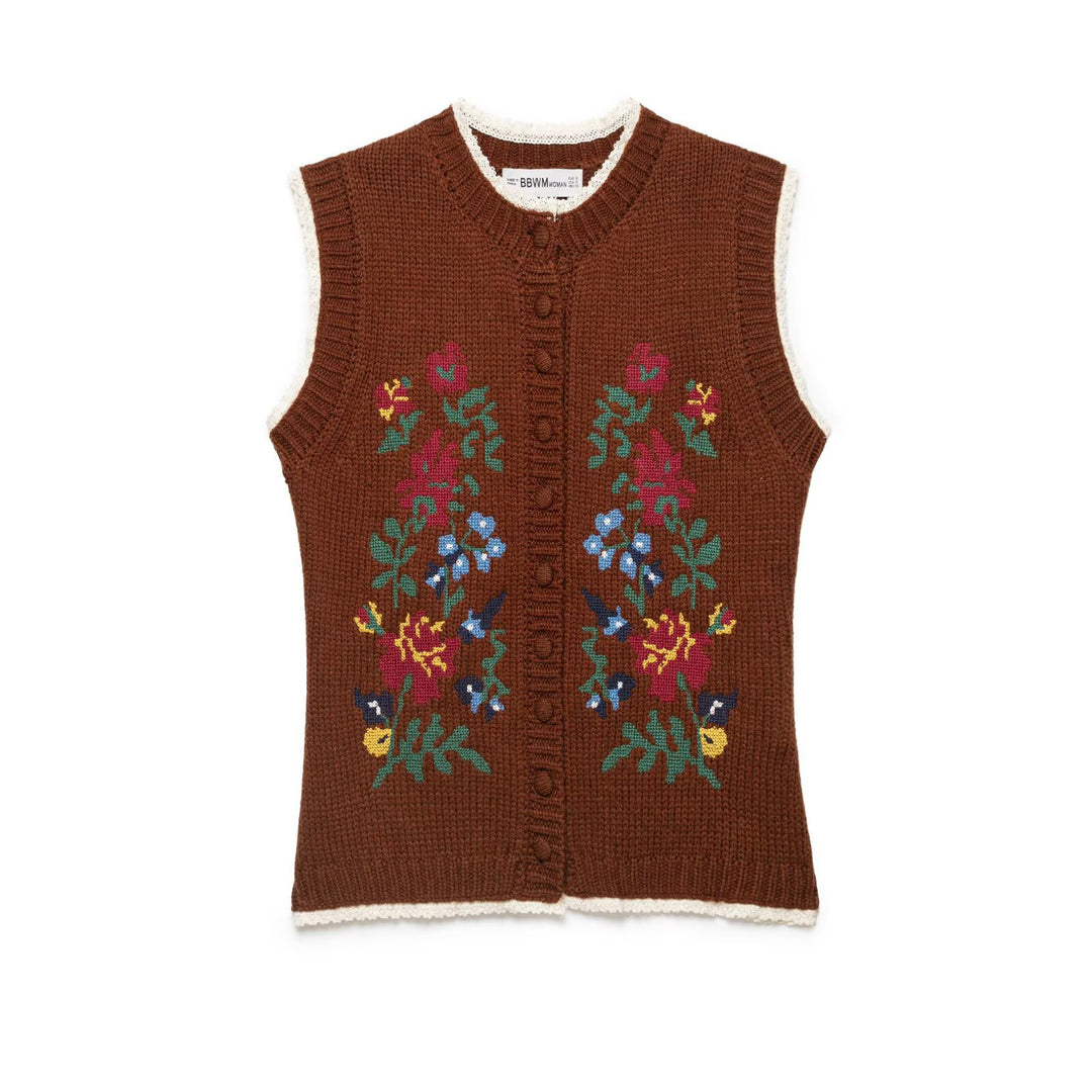 Women's sleeveless knitted vest with floral intarsias, button placket and crocheted hem Amarae