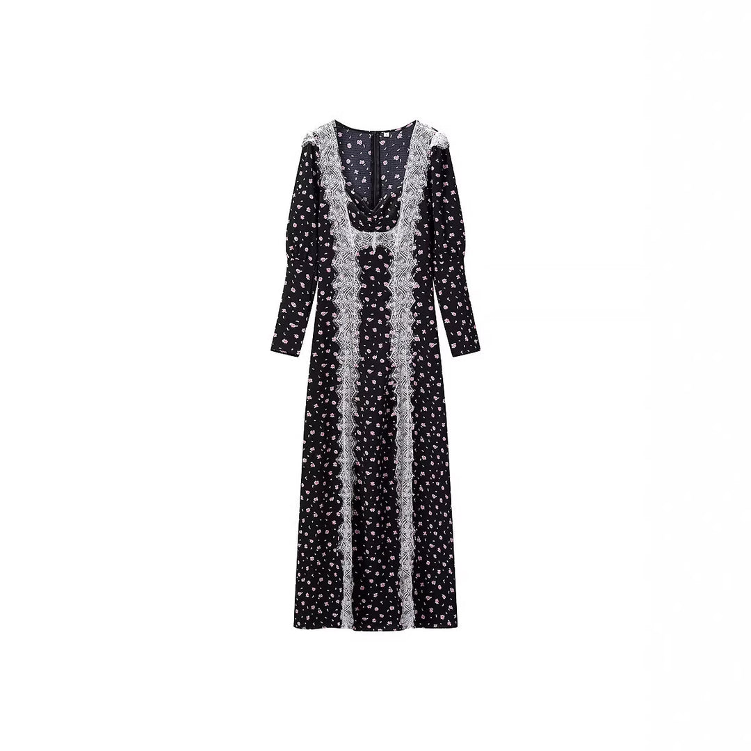 Women's maxi dress in boho style with vertical lace panels and loose U-neckline Amarae