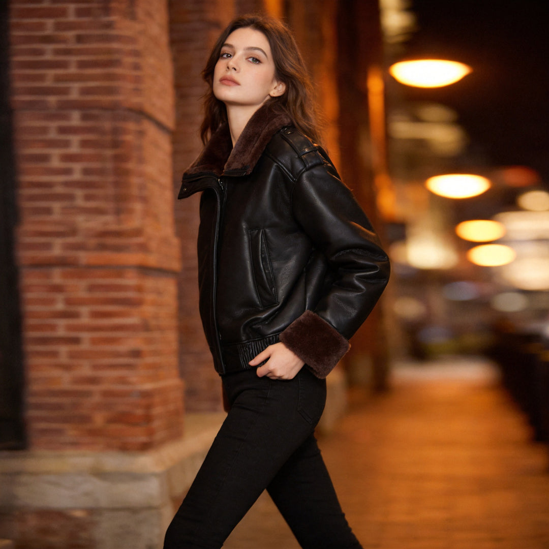 Women short-cut pilot jacket made of leather look with soft fur collar Amarae