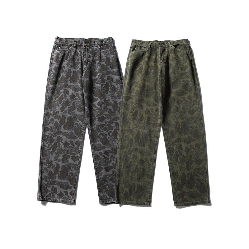Men's Boxy Jeans Jacket in Camouflage Pattern with Contrast Collar and Multiple Pockets Amarae