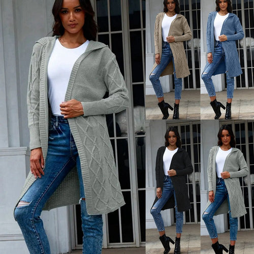 Knit coat for women with an elegant braid design and a comfortable hood Amarae