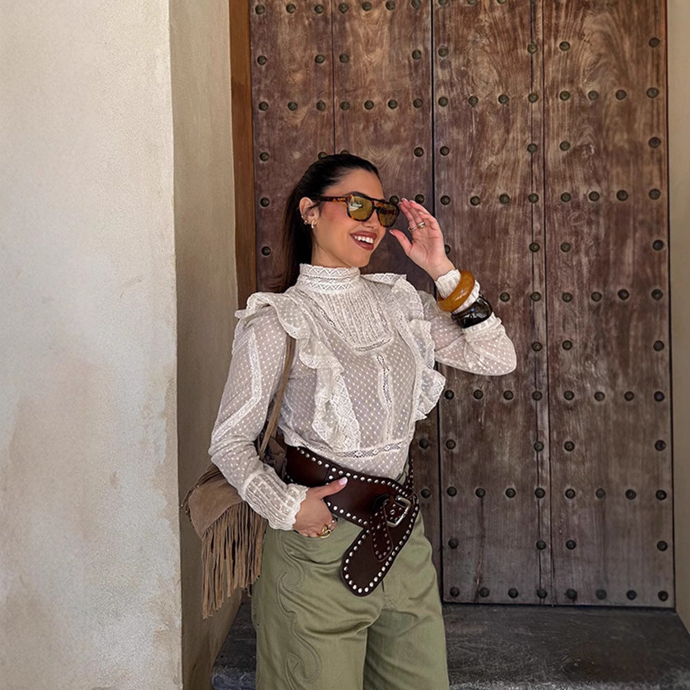 Women's Transparent Dobby Lace Blouse with High Stand-Up Collar, Ruffles & Button Cuffs Amarae