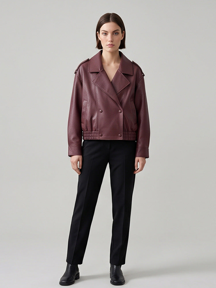Women's Boxy Faux Leather Blouson with textured grain, double-breasted button placket & elastic hem Amarae