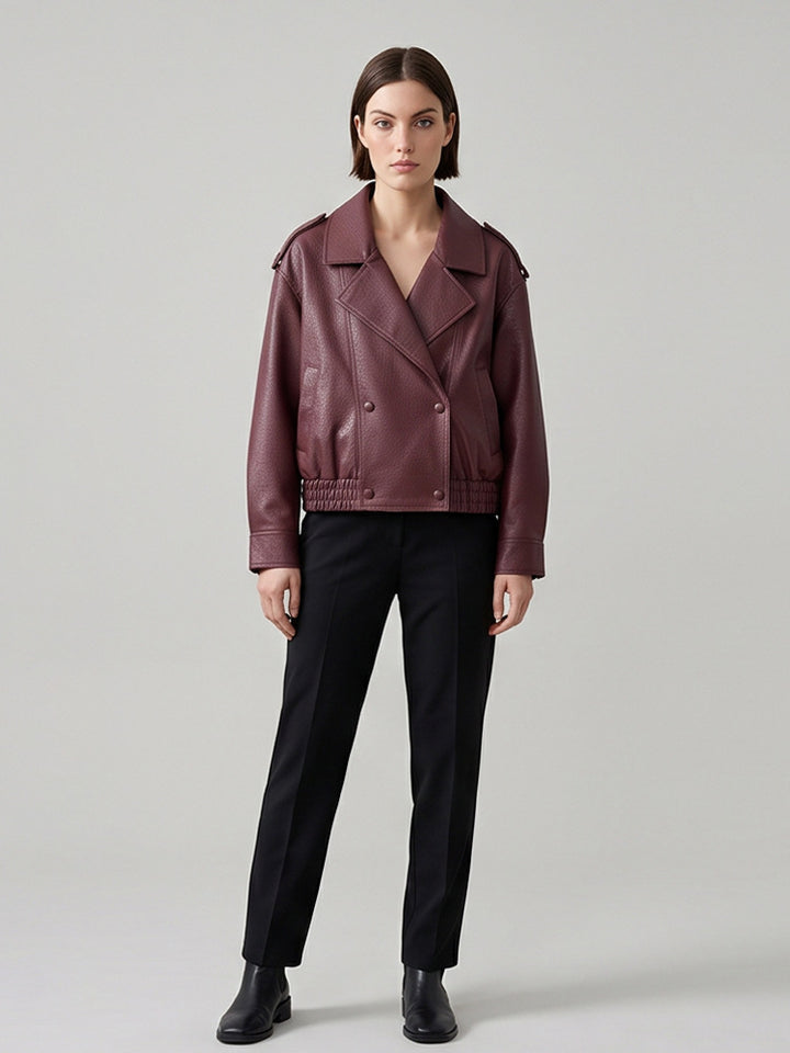 Women's Boxy Faux Leather Blouson with textured grain, double-breasted button placket & elastic hem Amarae