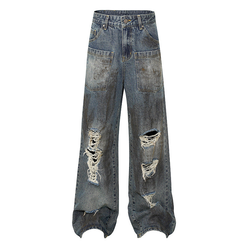 Women's Wide High-Waist Destroyed Denim Palazzo Jeans with Patch Pockets Amarae