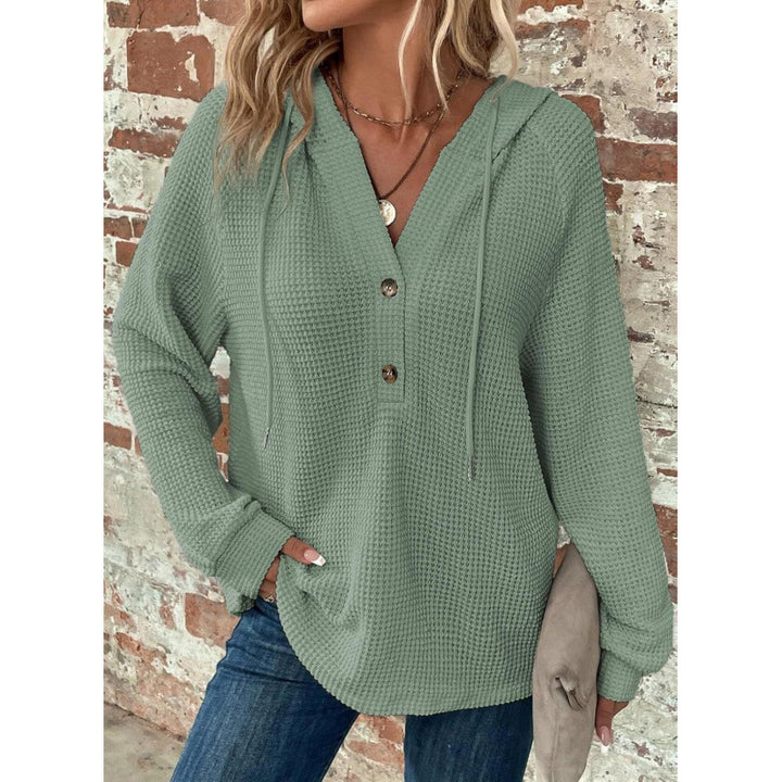 Women Waffle Knit Hoodie with Henley Button Placket and Oversized Cut Amarae