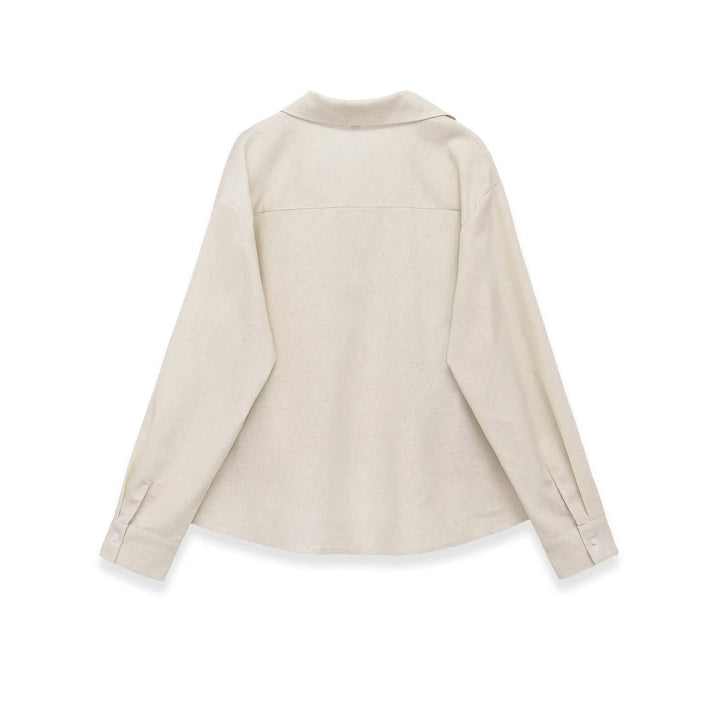 Women's Oversized Linen Blouse with Open V-Neck and Gathered Hem Amarae